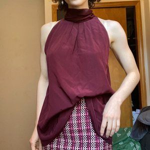 Diane Von Furstenberg Burgundy Red Silk Sleeveless Mock Neck Pussybow Blouse S